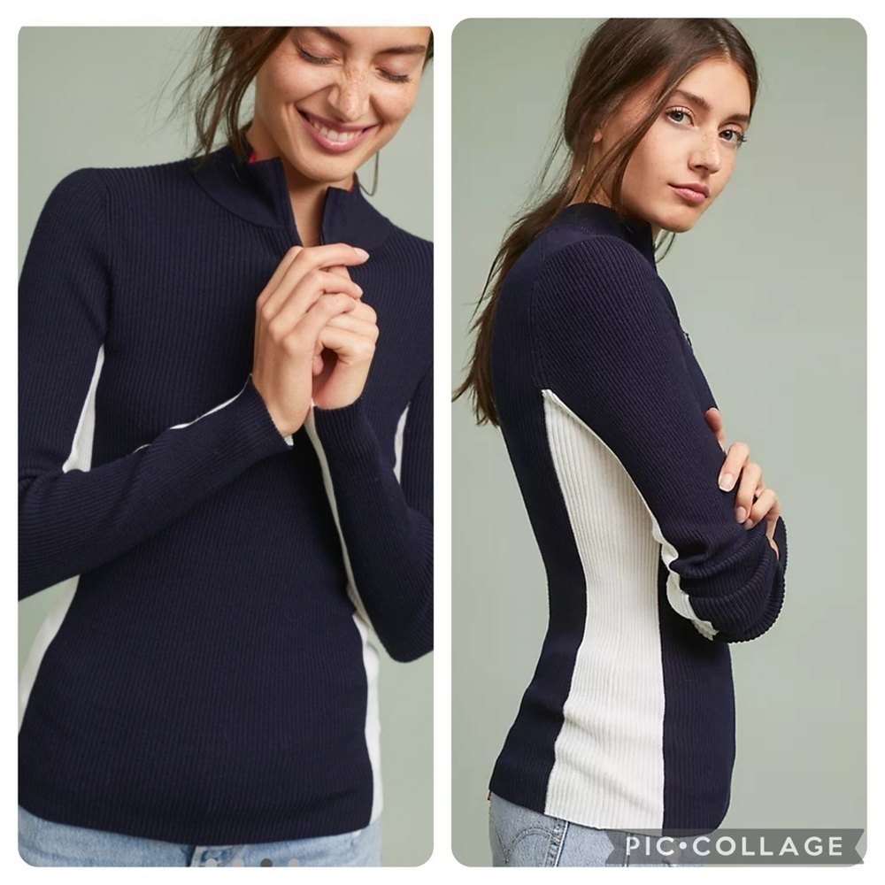 Anthropologie moth varsity ribbed half zip blue white striped sweater medium